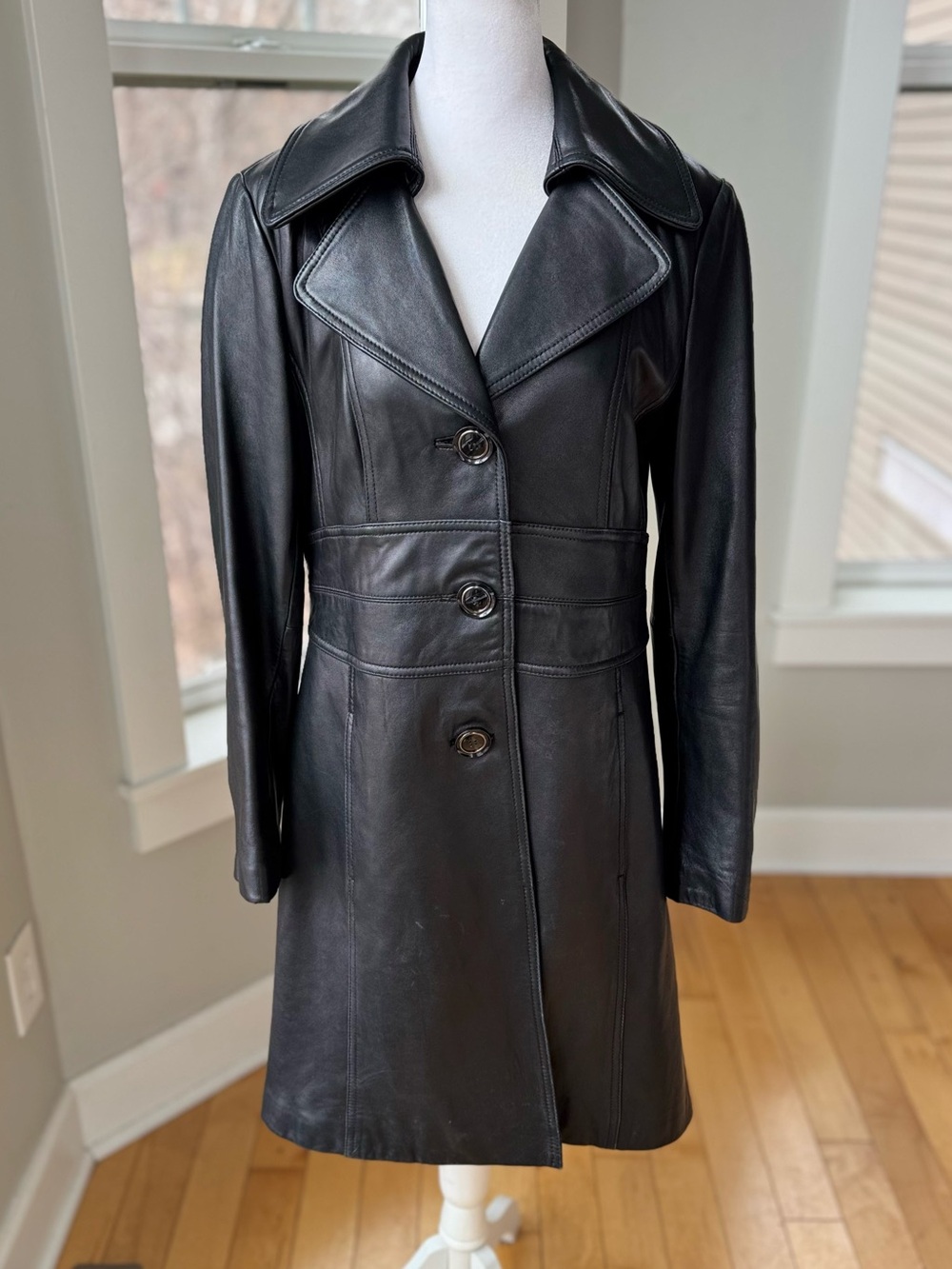 Kenneth Cole Black Genuine Leather Long Line Trench Coat Jacket Size Medium